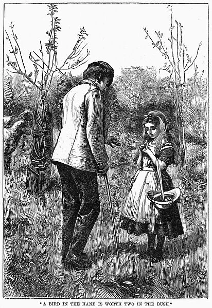 GIRL AND BIRD, 1867. Illustration for the proverb A bird in the hand is worth two in the bush