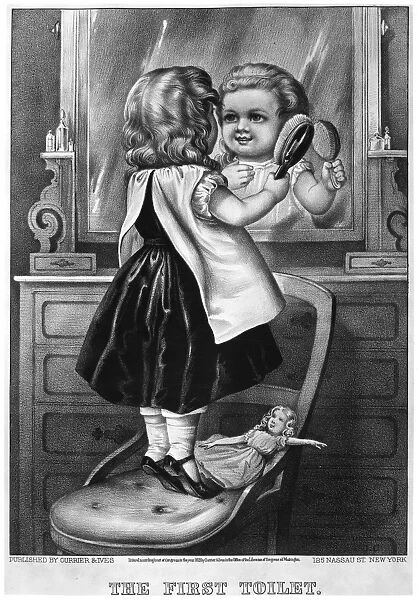 GIRL AND MIRROR, 1873. The First Toilet. American lithograph by Currier and Ives