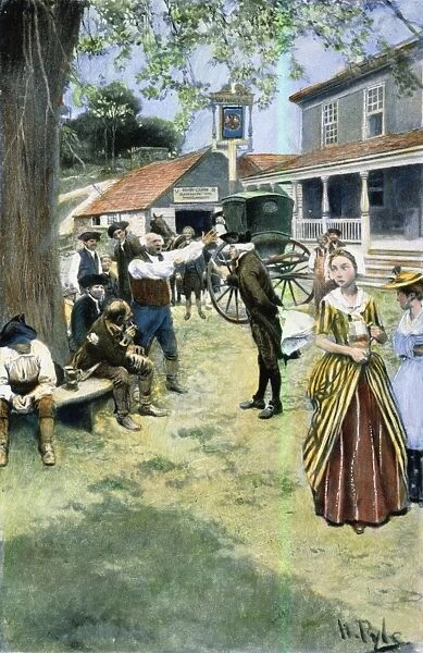 GIRLS IN COLONIAL AMERICA listening to an outdoor political discussion. Illustration