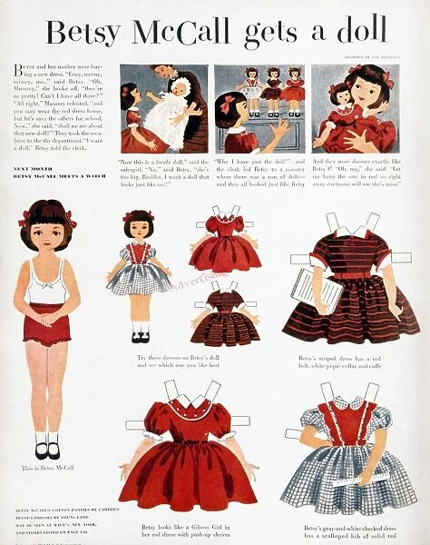GIRLS FASHIONS, 1952. Page from the September 1952 issue of McCalls magazine, featuring the character Betsy McCall, a paper doll whose cut-out dresses were based on actual fashions manufactured by the magazines advertisers