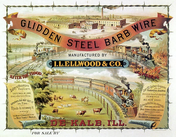 GLIDDEN STEEL BARB WIRE. Lithograph, c. 1876