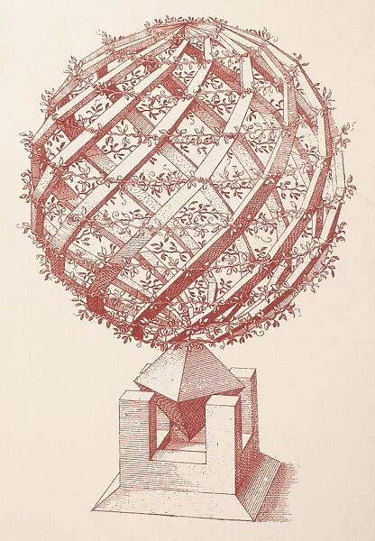 GLOBE, 1568. Architectural globe. Etching from Perspectiva, 1568, by Wenzel Jamnitzer