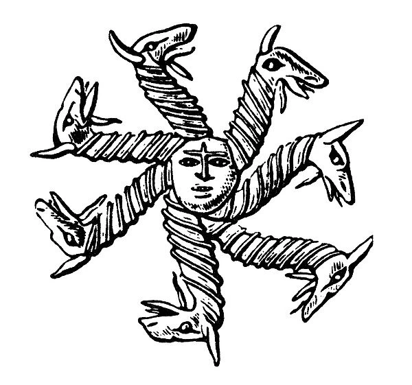GNOSTIC SYMBOL. The seven-headed serpent, symbol of Fate
