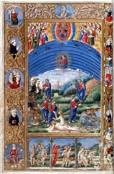 GOD AND CREATION, c1475. God enthroned and the Creation: illumination from an Italian Breviary