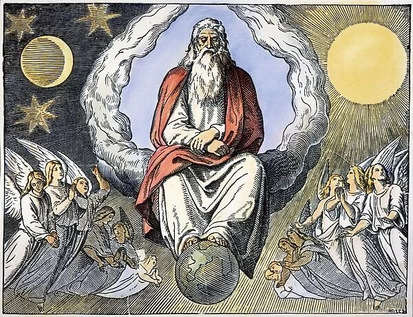 GOD RESTING ON 7TH DAY. Genesis 2: 2-3. Wood engraving, German, 19th century