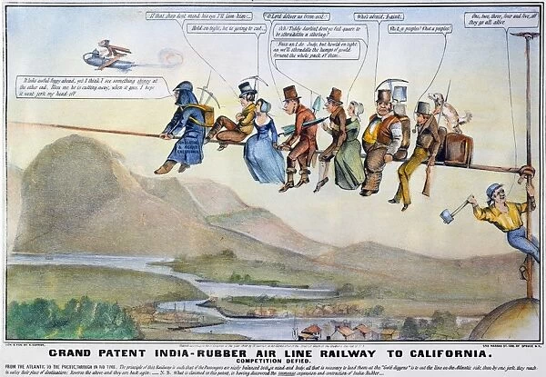 GOLD RUSH CARTOON, 1849. A device that will enable persons afflicted with the Gold Rush fever to reach California in record time: lithograph by Nathaniel Currier