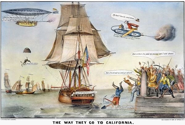 GOLD RUSH CARTOON, 1849. The Way They Go to California. Caricature of the eagerness of Easterners to reach the gold fields in California. Lithograph by Nathaniel Currier, 1849