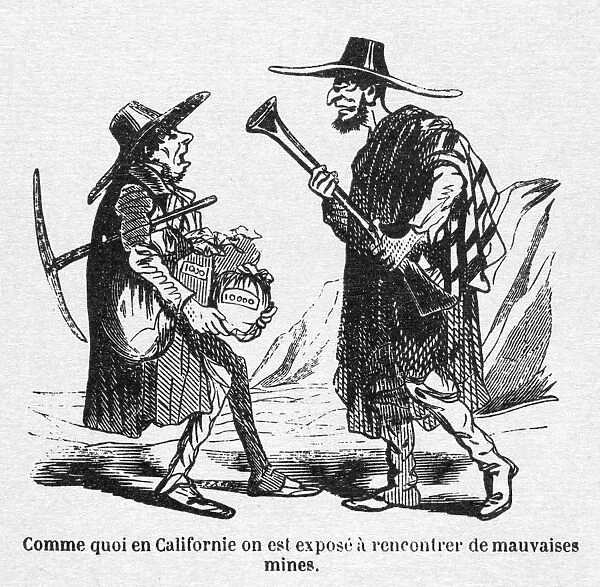 GOLD RUSH CARTOON. Satirical French cartoon depicting the potential dangers at a California gold mine, mid 19th century