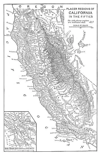 GOLD RUSH: MAP. Map of the placer mining regions of California in the 1850s. Engraving