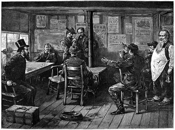 GOLD RUSH: MINERS, 1887. A Rich Strike - A Million in Sight. A potential buyer examines a nugget of gold as hopeful miners watch. Wood engraving, American, 1887