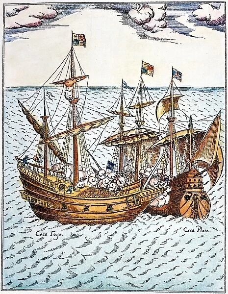GOLDEN HIND, 1579. Sir Francis Drakes ship in combat with the Spanish treasure ship Cacafuego off the South American coast in 1579. Contemporary line engraving