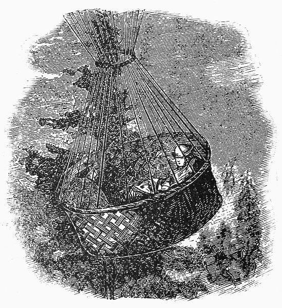 Gondola of John Wises hot air balloon, Atlantic, during an attempted transatlantic voyage from St. Louis in 1859. Contemporary American engraving