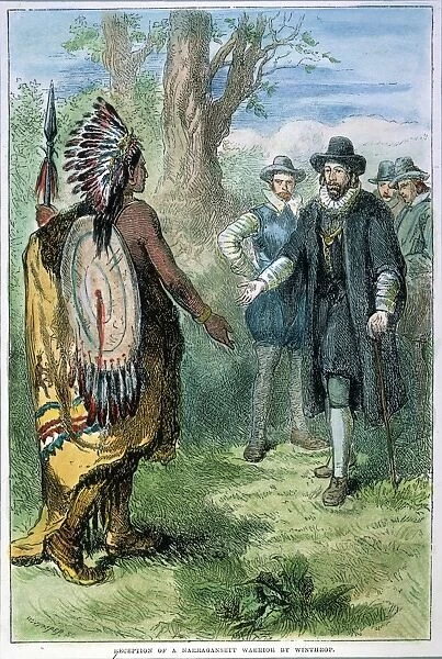 GOVERNOR JOHN WINTHROP of the Massachusetts Bay Colony meeting with a Narragansett Native American warrior, c1631. Wood engraving, c19th century