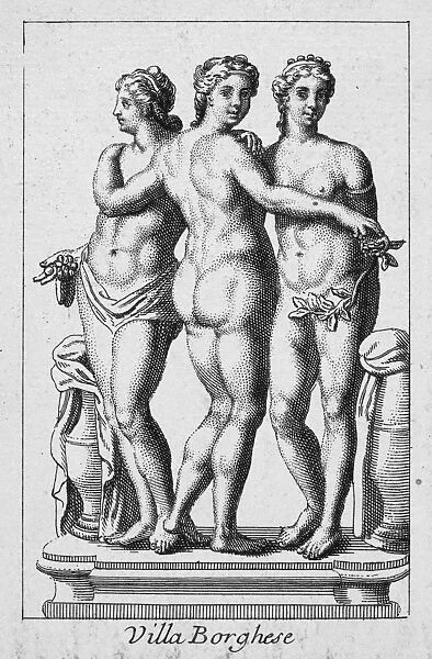 THREE GRACES. Copper engraving, Italian, 18th century, after a sculpture at the Villa Borghese in Rome, Italy