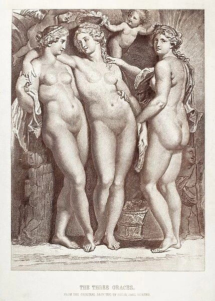 THREE GRACES. Line engraving after a painting by Peter Paul Rubens (1577-1640)