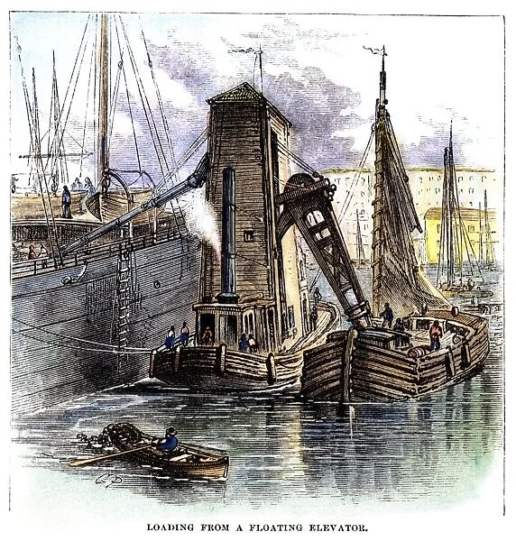 GRAIN ELEVATOR, 1877. A floating grain elevator in New York harbor sucks up grain from a barge and pours it through a chute into the hull of an adjoining ship, where it is bagged: wood engraving, American, 1877