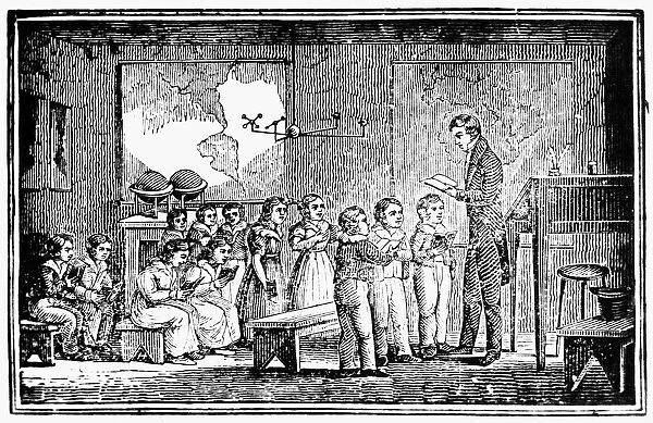 GRAMMAR SCHOOL, 1790s. A schoolmaster instructing a class at a school in New England, 1790s. Wood engraving
