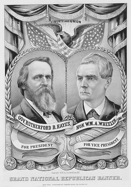 Grand National Republican Banner. Rutherford B. Hayes and William A. Wheeler as the 1876 Republican candidates for President and Vice President on a lithograph campaign poster by Currier & Ives, 1876