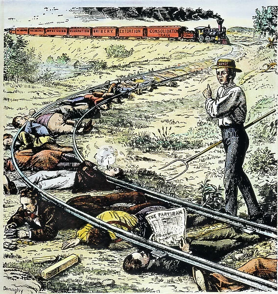 GRANGER MOVEMENT. The Grange Awakening the Sleepers. American cartoon, 1873, inspired by the Vanderbilt system of secret rebates, showing a farmer trying to rouse the country to the railroad menace