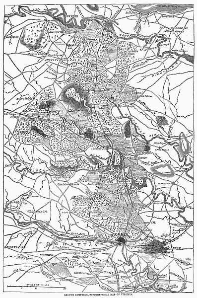 Grants Campaign - Topographical Map of Virginia. Map of General Ulysses S. Grants Virginia Campaign, May-June 1864