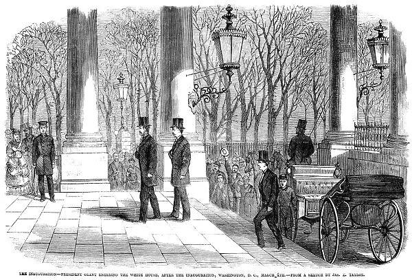 GRANTs INAUGURATION, 1869. Ulysses S. Grant entering the White House after his inauguration as 18th President of the United States on 4 March 1869. Wood engraving from a contemporary newspaper