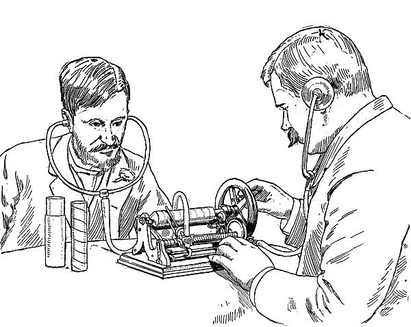 GRAPHOPHONE. Listening to sound reproduction on a graphophone, patented in 1886 by Charles Sumner Tainter, Alexander Graham Bell, and Chichester Bell. Contemporary American line engraving
