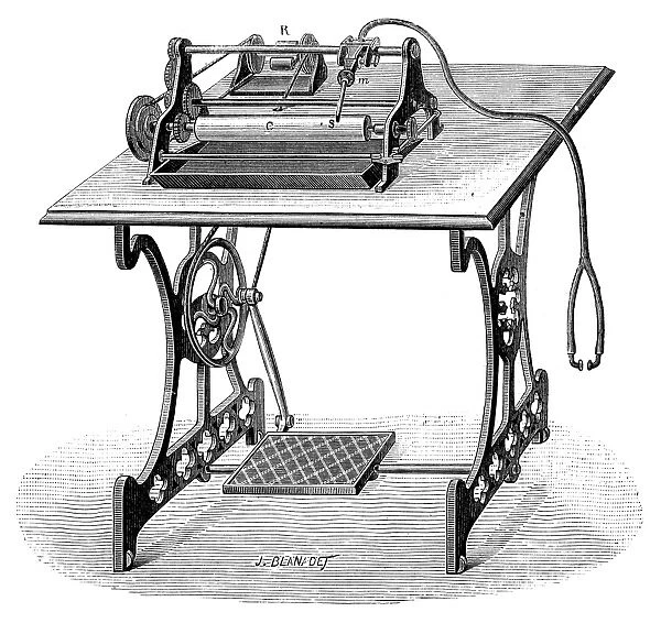 The graphophone, patented in 1886 by Charles Sumner Tainter, Alexander Graham Bell, and Chichester Bell. Wood engraving, French, late 19th century