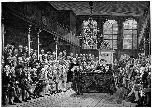 GREAT BRITAIN: PARLIAMENT. The House of Commons in 1793, William Pitt addressing the House. Wood engraving after the painting, 1793, by Karl Anton Hickel