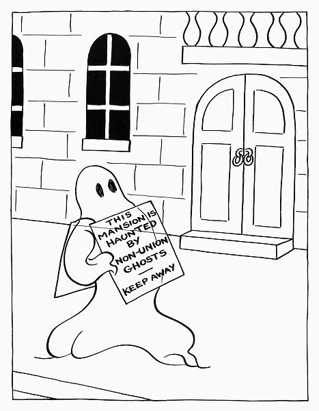 GREAT DEPRESSION CARTOON. This mansion is haunted by non-union ghosts. Keep away. Cartoon on the Great Depression by Otto Soglow, early 1930s