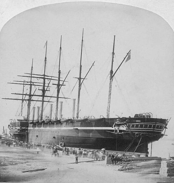 GREAT EASTERN, 1858-59. The iron steamship Great Eastern at dockside in New York City: stereograph view, 1858-59