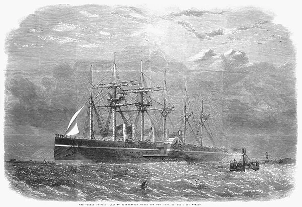 GREAT EASTERN, 1860. The iron sail-and-steam ship Great Eastern leaving Southampton, England, for New York on her first voyage, 17 June 1860. Line engraving from a contemporary English newspaper