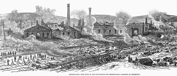 GREAT RAILROAD STRIKE, 1877. The ruins of the round-house and car-shops at the railroad station in Pittsburgh, Pennsylvania, set on fire by rioters in July 1877. Wood engraving from a contemporary American newspaper