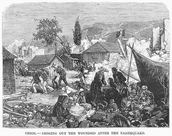 GREECE: EARTHQUAKE, 1880. Digging out the wounded after the earthquake on Chios, a Greek island in the Aegean Sea. Wood engraving, 1880