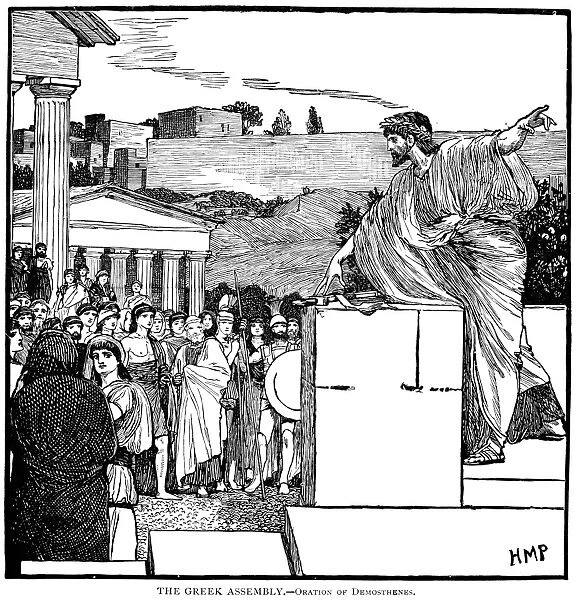 GREEK ASSEMBLY. Oration of Demosthenes. Wood engraving, American, 19th century