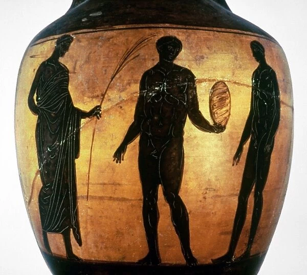 GREEK OLYMPIAN. Crowning a victor in the Olympic Games. Attic black figured vase, 6th century B. C