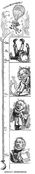 Greeleys Thermometer. Cartoon depicting presidential candidate Horace Greeleys reaction to different states during the October election in 1872. Wood engraving, American, 1872