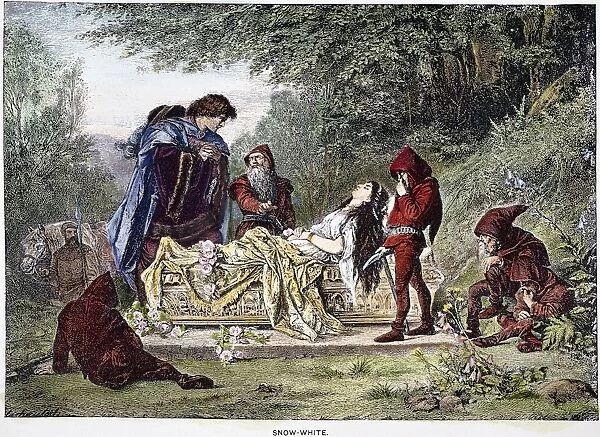 GRIMM: SNOW WHITE. The Prince sees the sleeping Snow White, attended by the faithful dwarves. Engraving after Albert Tschautsch for the fairy tale by Brothers Grimm