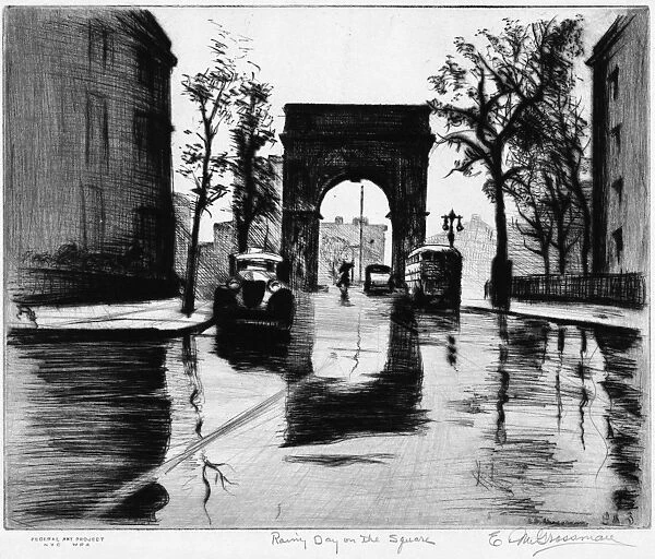 GROSSMAN: SQUARE, c1940. Rainy Day on the Square. Etching by Elias Grossman, c1940