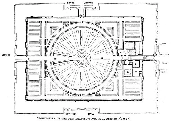 The ground-plan of the Reading Room at the British Museum (now the British Library), London, England. Wood engraving, English, 1857
