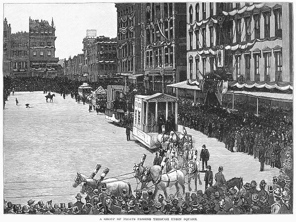 A group of floats passing through Union Square at the Industrial Parade in New York City held on 1 May 1 1889, as part of the centennial celebration of George Washingtons first inauguration. Line engraving from a contemporary American newspaper