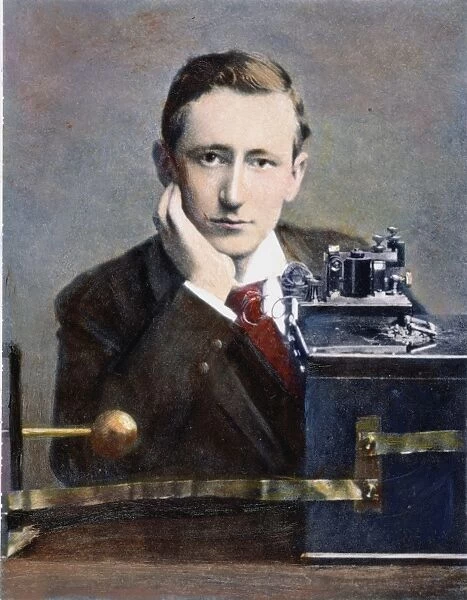 GUGLIELMO MARCONI (1874-1937) with his coherer radio receiver: oil over a photograph