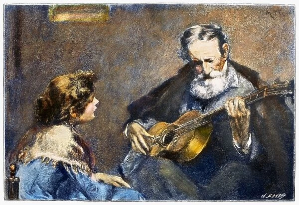 GUITAR PLAYER. Wood engraving, late 19th century, after a painting by Modesto Texidor (1854-1928)