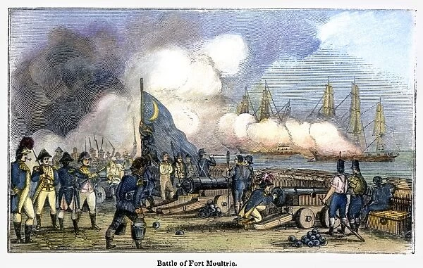 The guns of Fort Moultrie on Sullivans Island, near Charleston, South Carolina, repelling a British squadron on 28 June 1776. Wood engraving, American, 1844