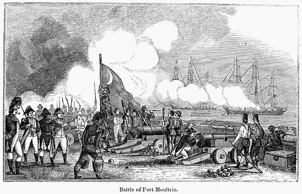 The guns of Fort Sullivan (later Fort Moultrie) on Sullivans Island, near Charleston, South Carolina, repelling a British squadron on 28 June 1776. Wood engraving, American, 1844