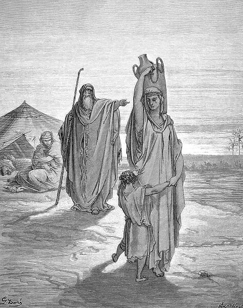 HAGAR & ISHMAEL. Hagar and Ishmael expelled by Abraham (Genesis 21: 14). Wood engraving, 19th century, after Gustave Dor