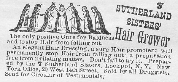 HAIR TREATMENT AD, 1886. Advertisement for Seven Sutherland Sisters Hair Grower, 1886
