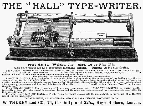 HALL TYPEWRITER, 1885. Advertisement for the American-made Hall typewriter. Line engraving, English, 1885