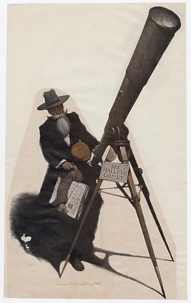 HALLEYs COMET, 1910. A newsboy viewing Halleys Comet through a telescope