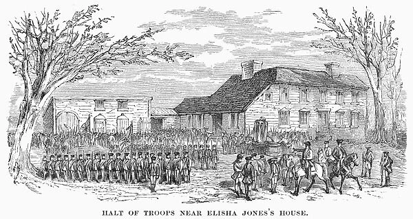Halt of British troops near Elisha Joness house, Concord, Massachusetts, 19 April 1775. Line engraving, 19th century