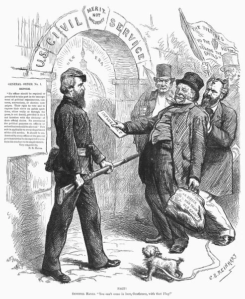 Halt! President Rutherford B. Hayes bars influence peddlers from entering U. S. Civil Service. American cartoon by C. S. Reinhart, 1877